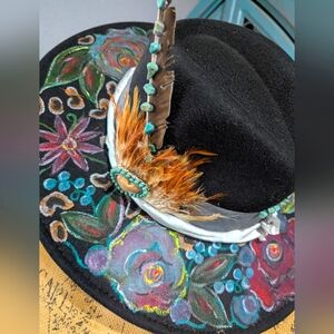 Fedora Womens Floral Black Hat with Feather Accent Beautiful Hand Painted